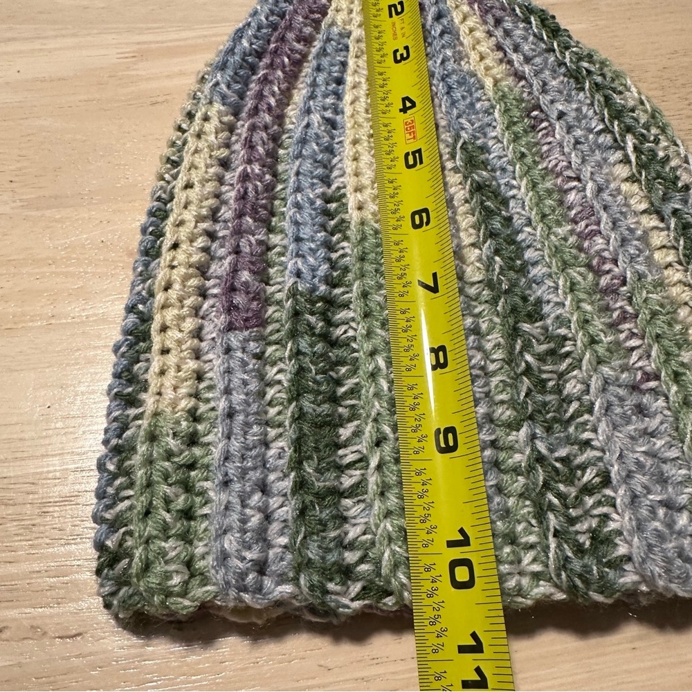 New Handmade Crochet Rib Beanie Fold over Hat Green Yellow Blue Purple Speckled - Picture 9 of 10